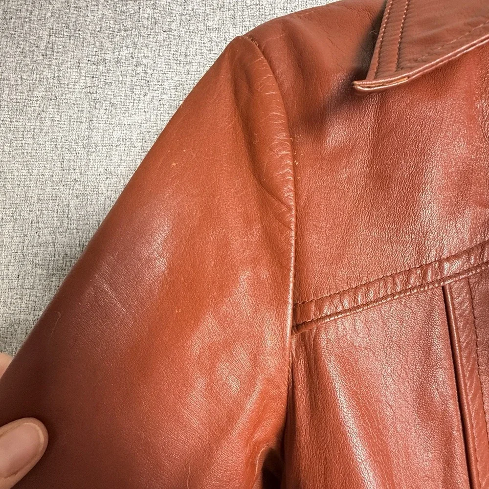 Vintage 70s Rust Brown Orange Leather Full Length Trench Coat Made Korea SMALL - Picture 16 of 16